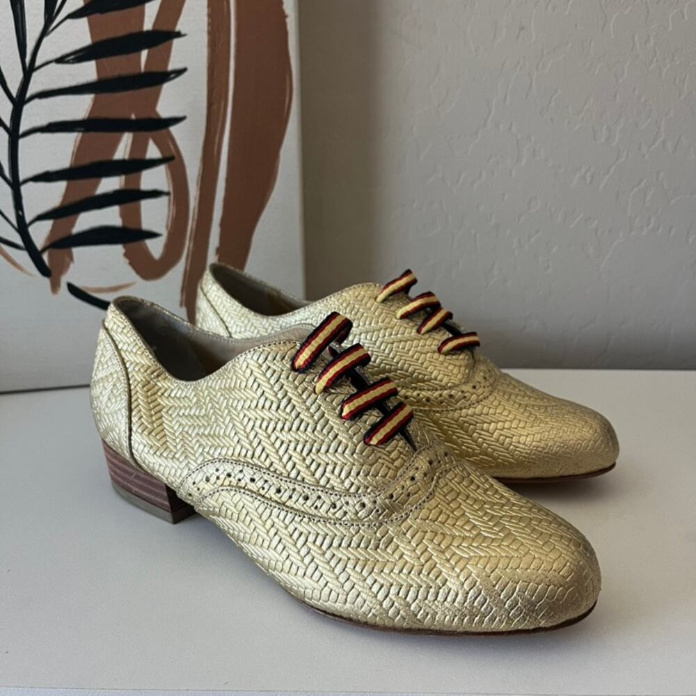 i’alave Metallic Gold Chevron Textured Lace Up Leather Oxford Shoes Size 37 - Picture 3 of 7